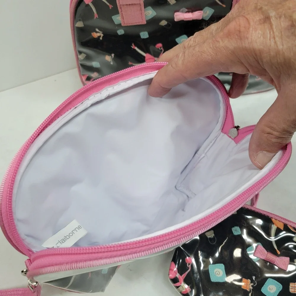 Liz Claiborne 3 Pc Travel Set Cosmetic Bag Black Pink Flamingo Makeup Case